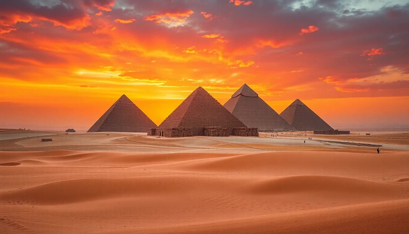 Visitors marvel at the iconic piraminds against a dramatic sunset backdrop in Giza.