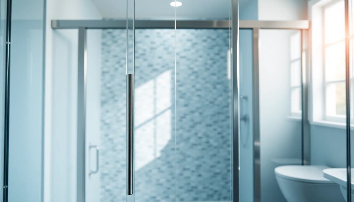 Showcase of sunney shower doors highlighting their sleek design in a modern bathroom.