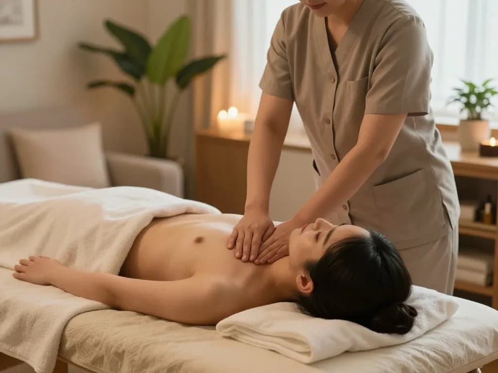 Professional therapist delivering 서울출장마사지 in a serene home environment with soft lighting and natural elements.