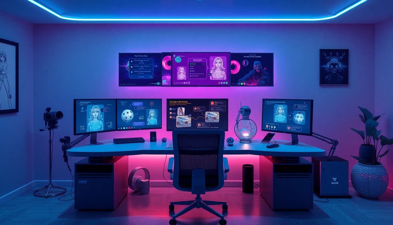 A sleek workspace illustrating the best nsfw ai technology with interactive chat screens and elegant ambiance.