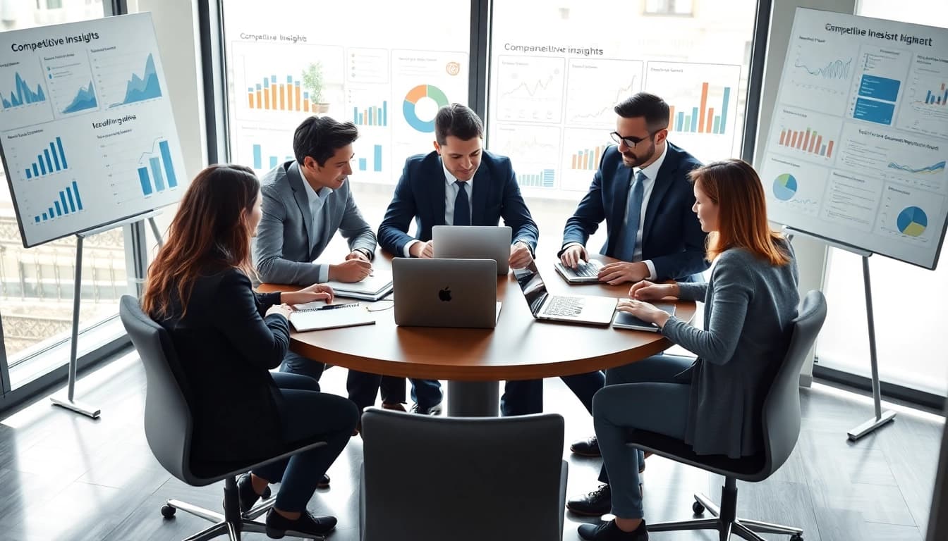 Analyze competitive intelligence faqs with a team in a modern office setting.