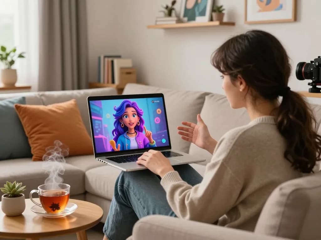 Engaging NSFW chat experience with AI character on laptop, cozy room atmosphere.