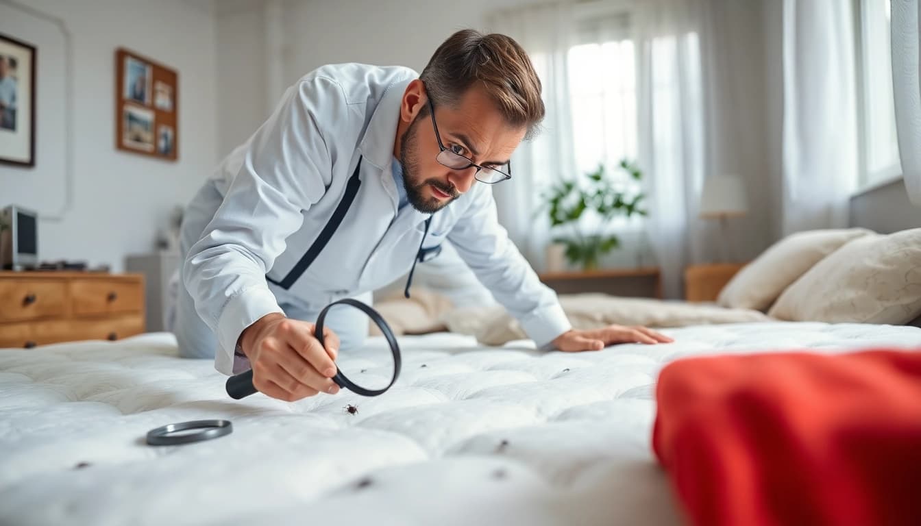 Assessing bed bug treatment cost with an expert examining a mattress for pests.