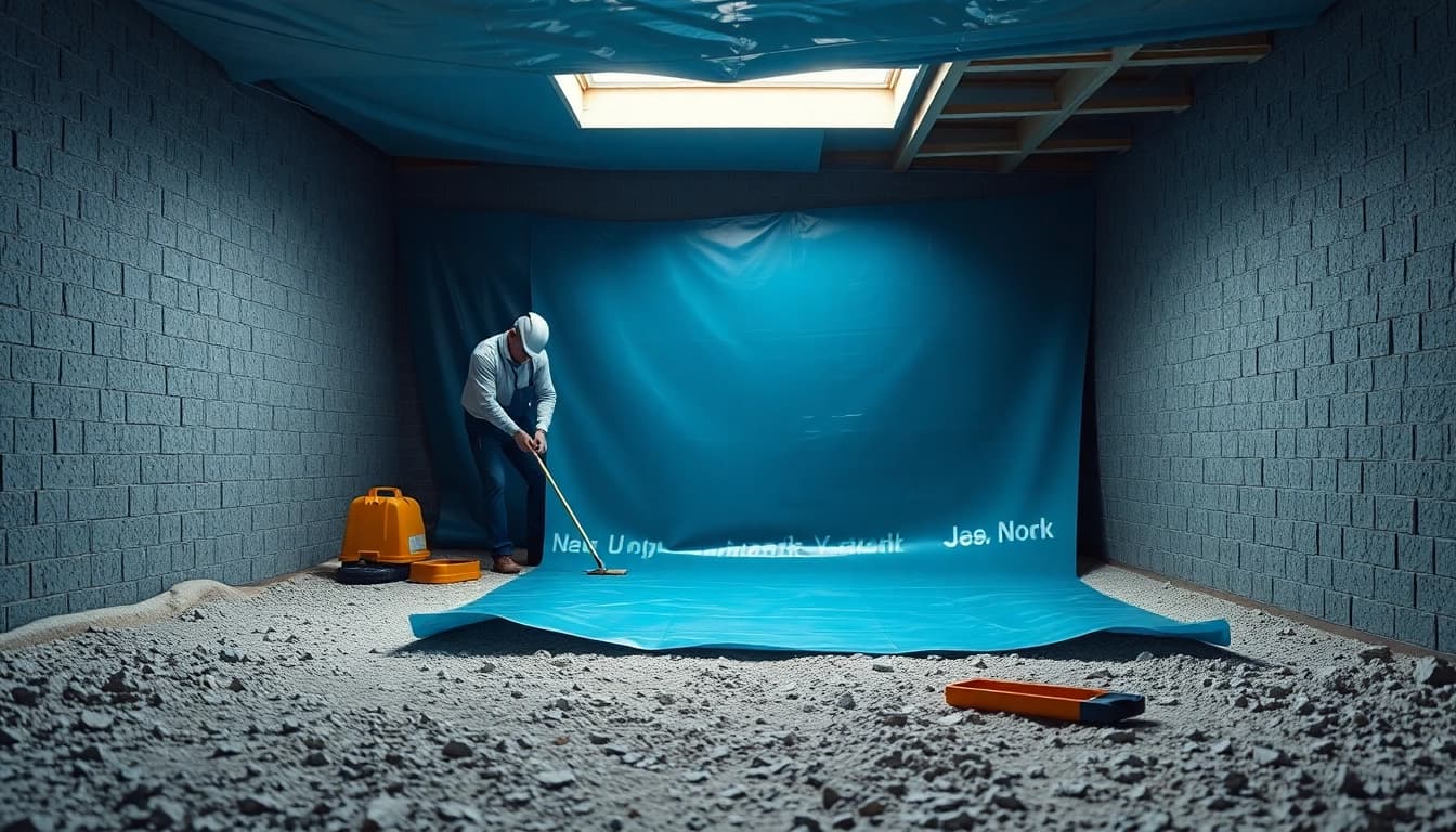 Vapor Barrier Installation in a crawl space by professionals, showcasing a smooth plastic surface and clean surroundings.