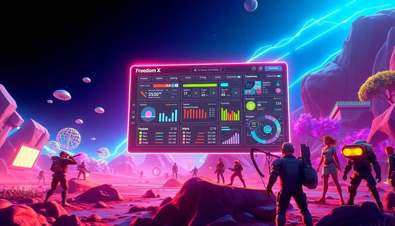 Engage with Freedom X, the AI game maker, showcasing a vibrant digital landscape full of creativity and innovation.