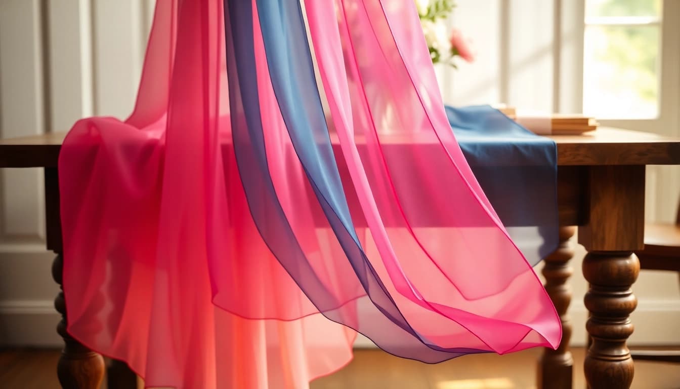 Chiffon stoffen met kleurrijke lagen en een romantische uitstraling.