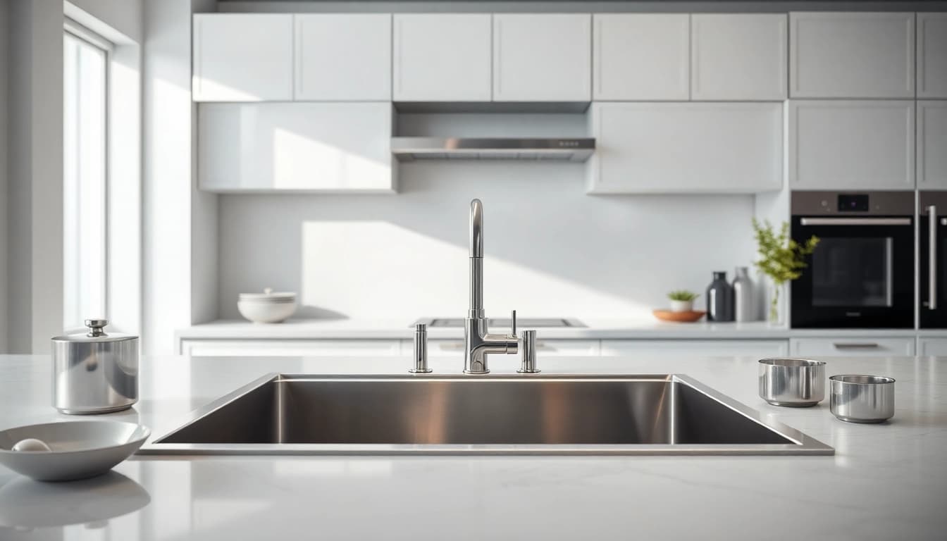 See a modern kitchen sink in stainless steel with bright lighting and elegant kitchenware.