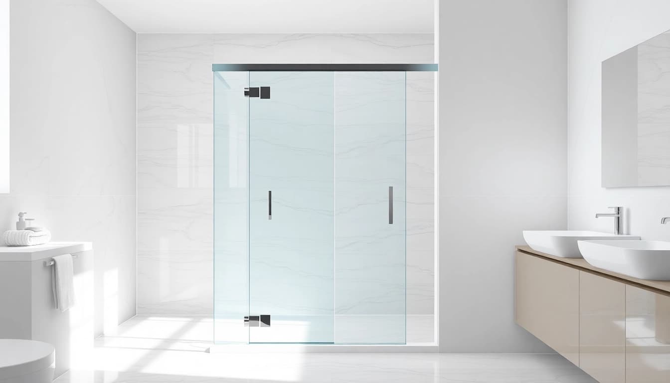 Explore a modern shower screen door showcased in an elegant bathroom setting.