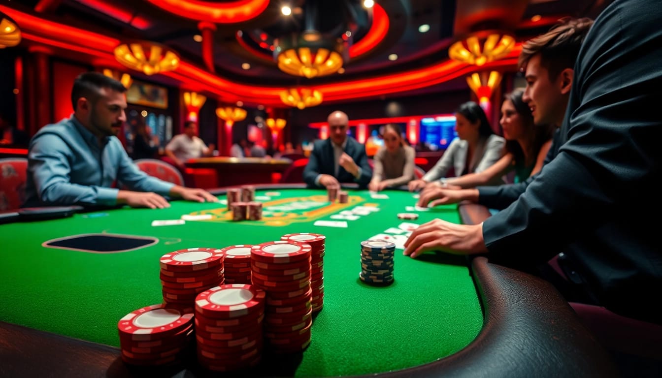 Permainan di meja poker dengan MABAR88 Deposit yang penuh semangat dan chip berwarna-warni.