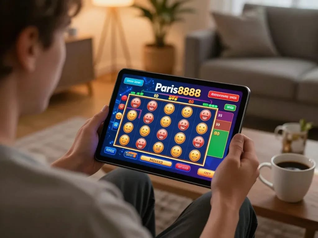 Play exciting slot games on Paris888 in a cozy living room setting, showcasing engaging gameplay.