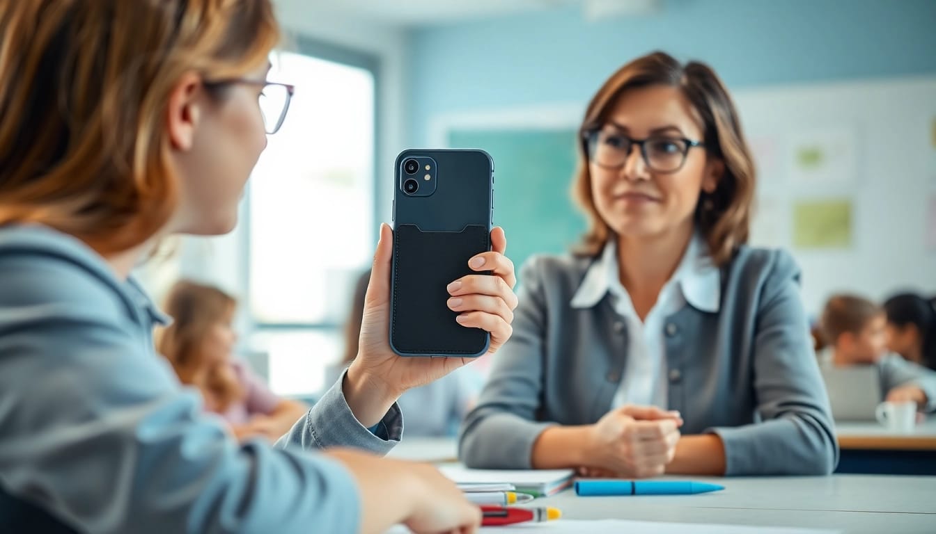 Handytasche Lehrer wird von einer Lehrerin im Klassenzimmer genutzt, um Schüler zu unterstützen.