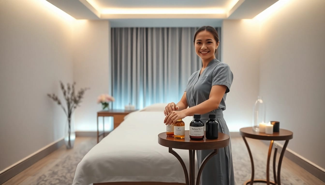출장 마사지 in a luxurious hotel room setting with a professional therapist.