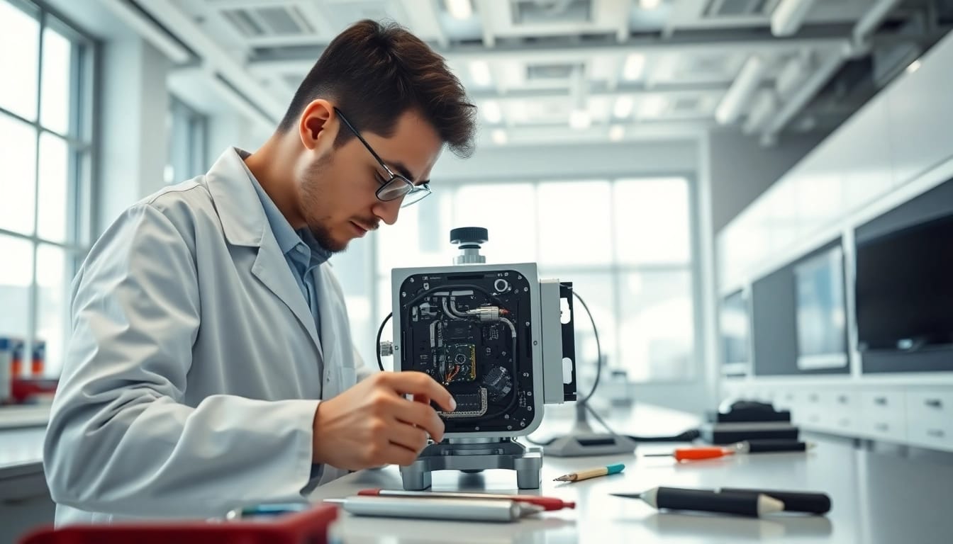 Technician operating the das 140 in a high-tech lab with modern tools and bright lighting.
