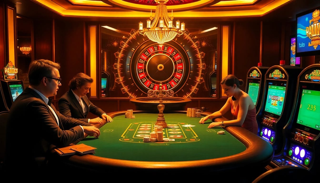 Players strategizing at a b52-themed poker table in a luxurious casino environment.