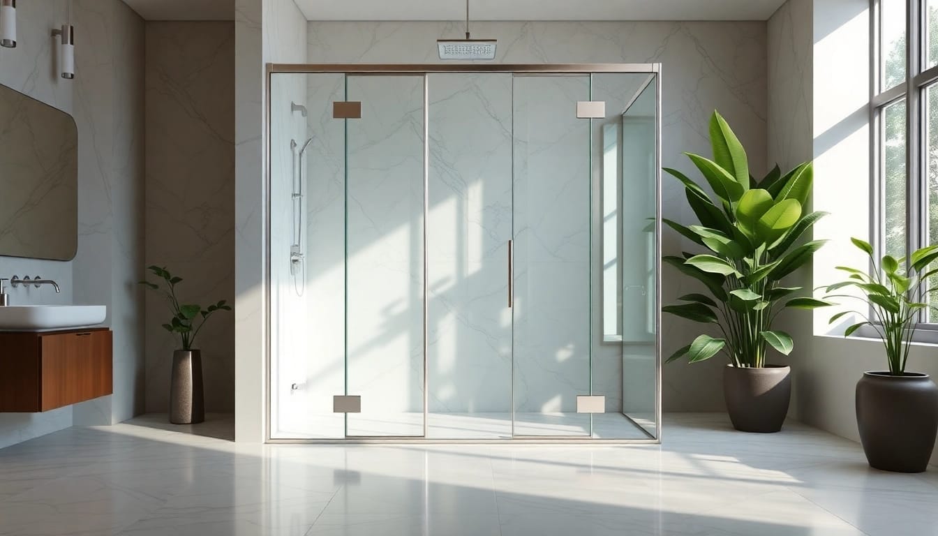 Showcase of a shower screen door displayed in a modern bathroom with stylish design.