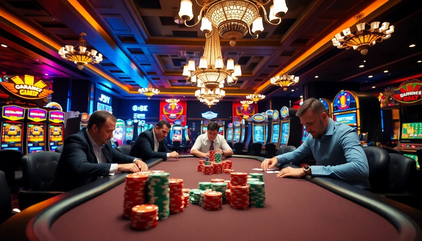 Players strategizing at a polished poker table in a glamorous casino, highlighting the thrill of j88 gameplay.