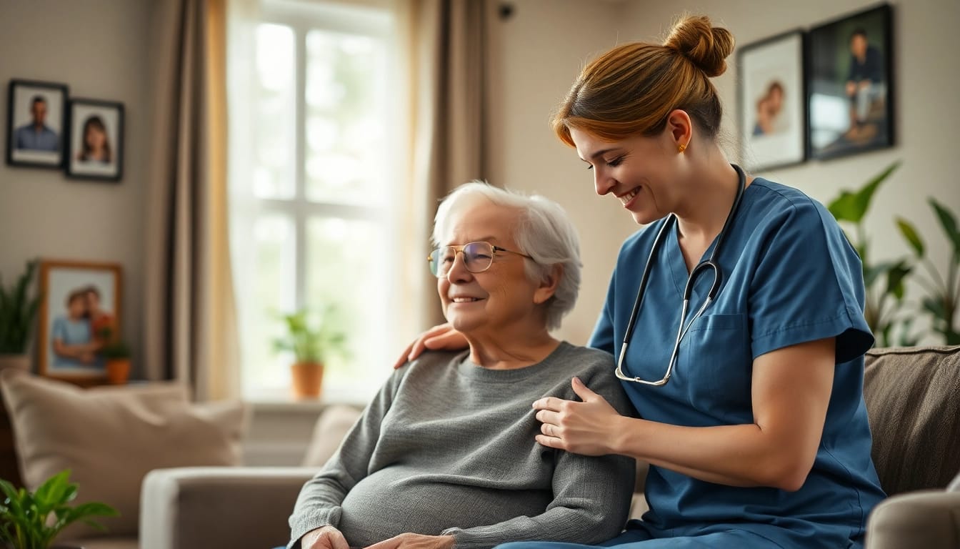 Care at home highlights a caregiver providing support to an elderly individual in a warm setting.