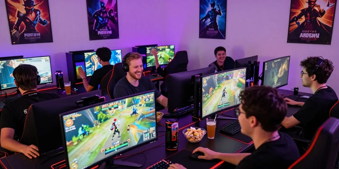 Engaged players enjoying NSFW AI gaming in a lively, neon-lit setup.