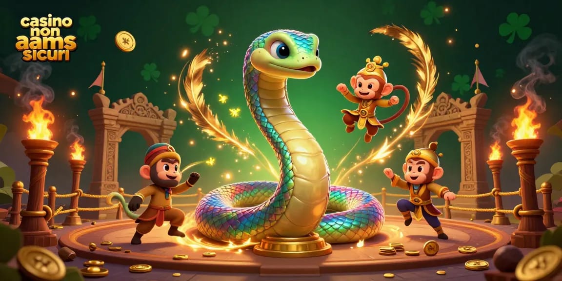 Scopri i casino non AAMS sicuri mentre il serpente arcobaleno danza con un re scimmia, circondato da monete d'oro.