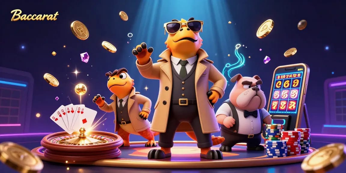 Baccarat players enjoying a dynamic scene of excitement with raptors in a trench coat entering a casino lounge
