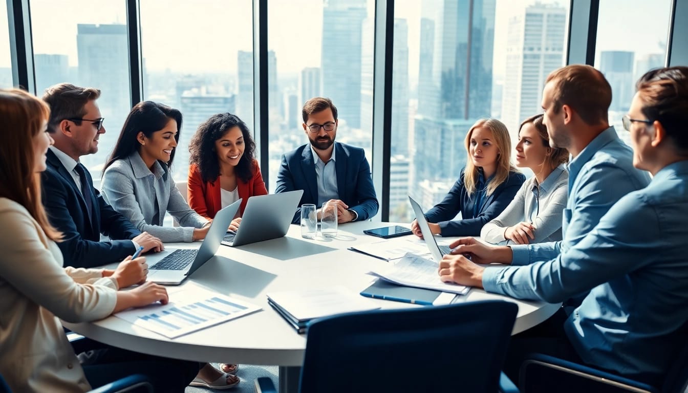 Engaged B2B sales professionals collaborating to hire experienced B2B sales professionals in a dynamic office.