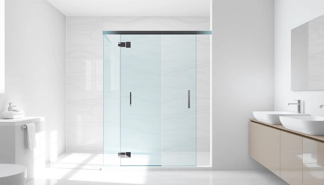 Explore a modern shower screen door showcased in an elegant bathroom setting.