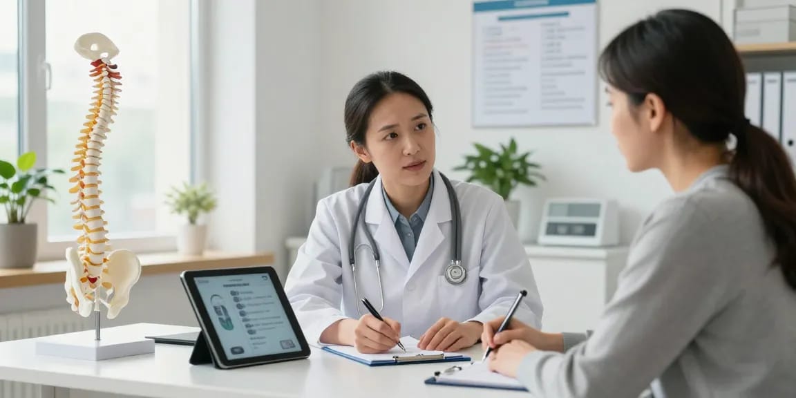Engaging consultation about bel kayması ameliyatı between a surgeon and patient in a modern clinic.