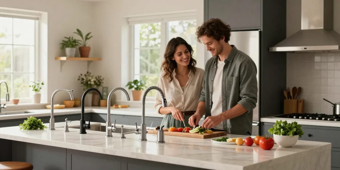 High-quality kitchen faucets in a modern kitchen scene with a couple cooking.
