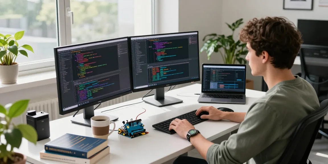 Developer using index constituent stocks API in a modern workspace, showcasing real-time financial data processing.