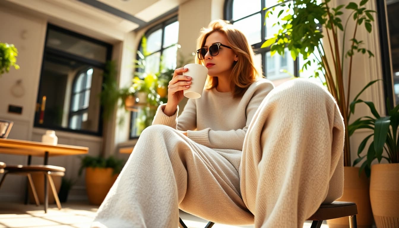 Model showcases stylish french terry sweatpants in a sunlit café setting, exuding comfort and elegance.