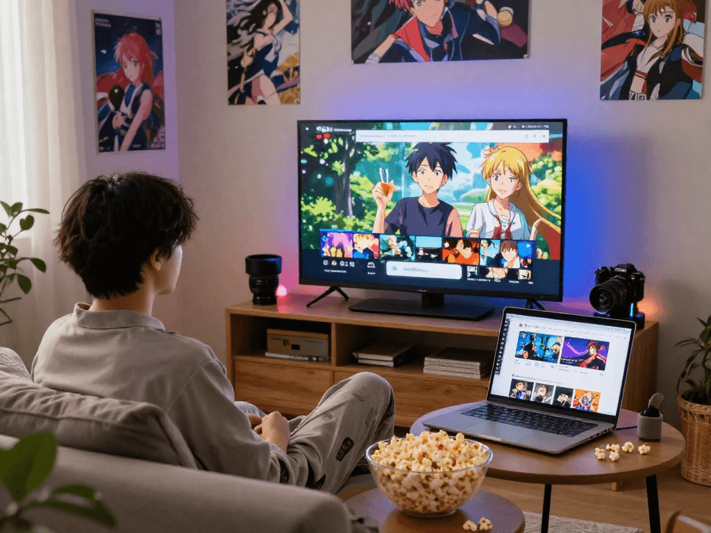 Menonton anime di AnimePlay dengan suasana cozy, layar besar, dan aksesoris anime.