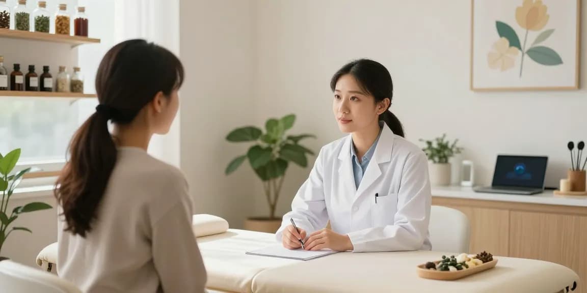 Consultation at 영통한의원 featuring a healthcare professional and patient in a calming wellness setting.