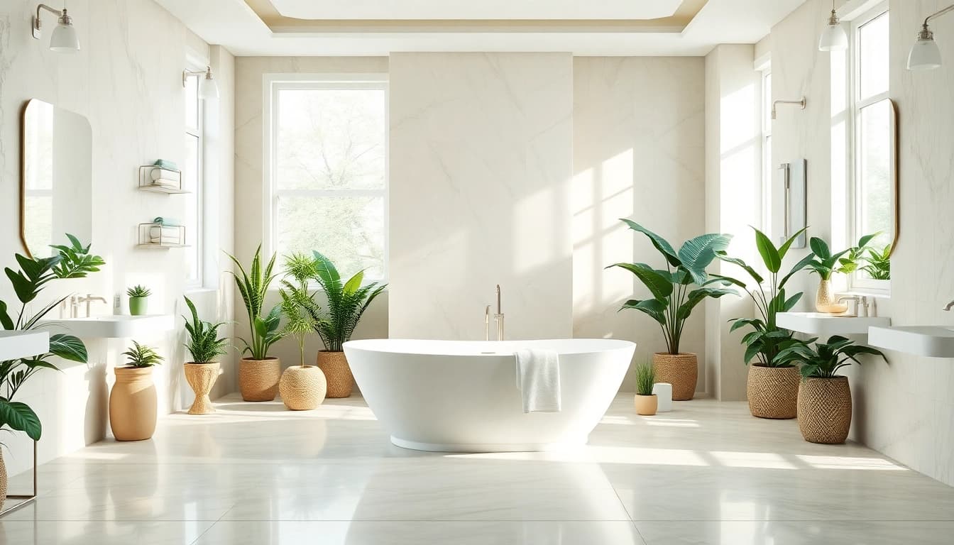 Transform your space with elegant bathrooms featuring a freestanding bathtub surrounded by greenery.
