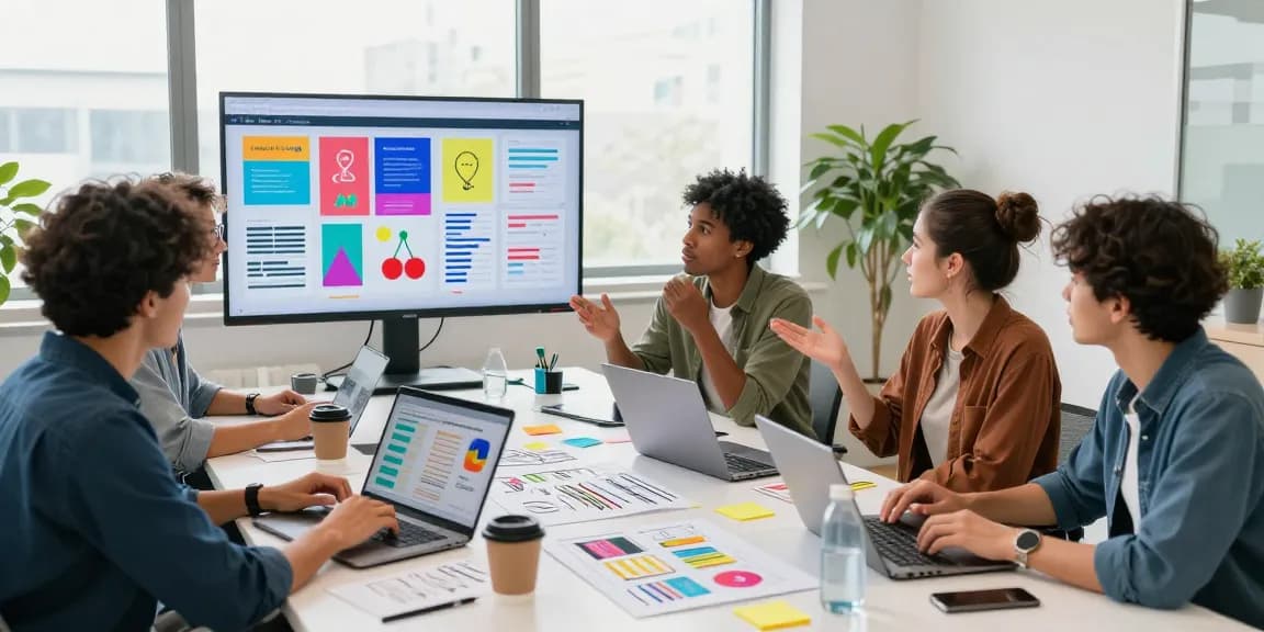 Creative team collaborating on social media branding services in Malaysia with vibrant visuals and analytics, highlighting teamwork and innovation.