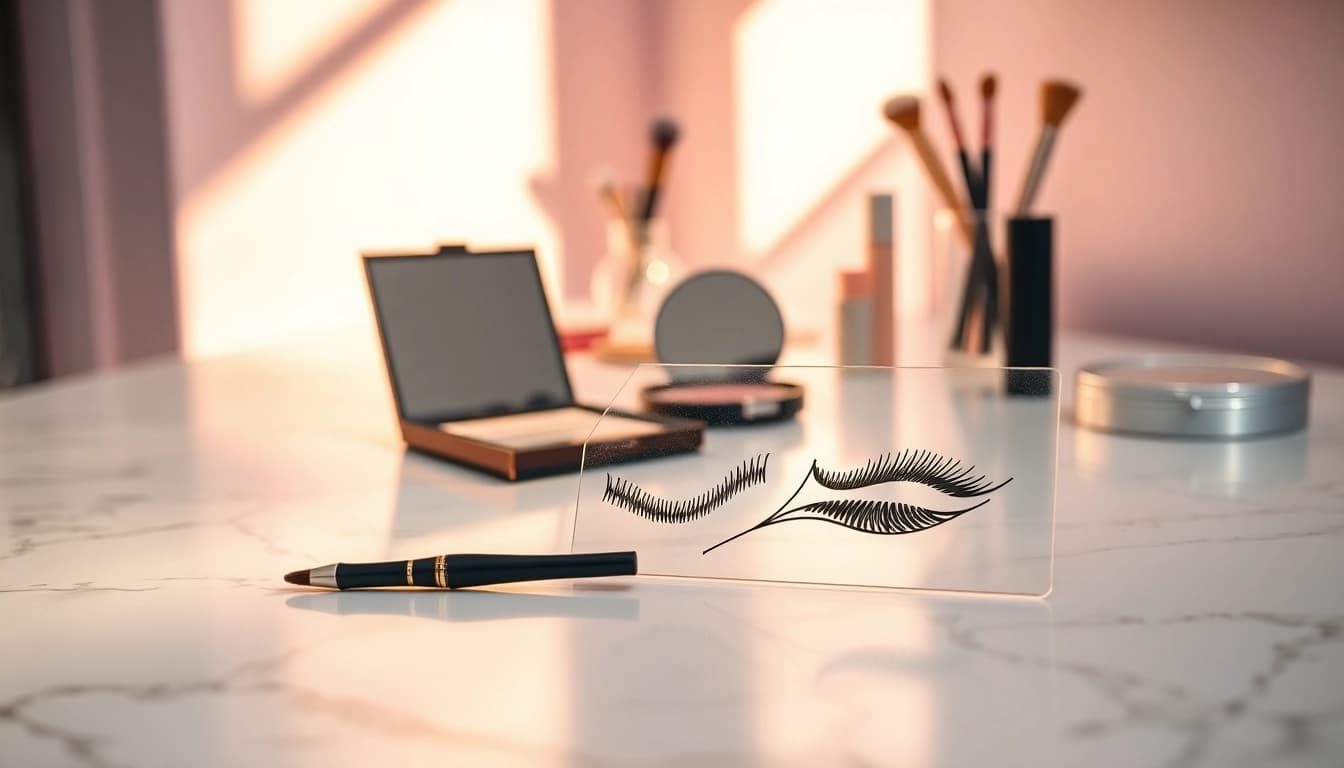 Applying makeup with an innovative eyeliner stencil for precise and stylish results.