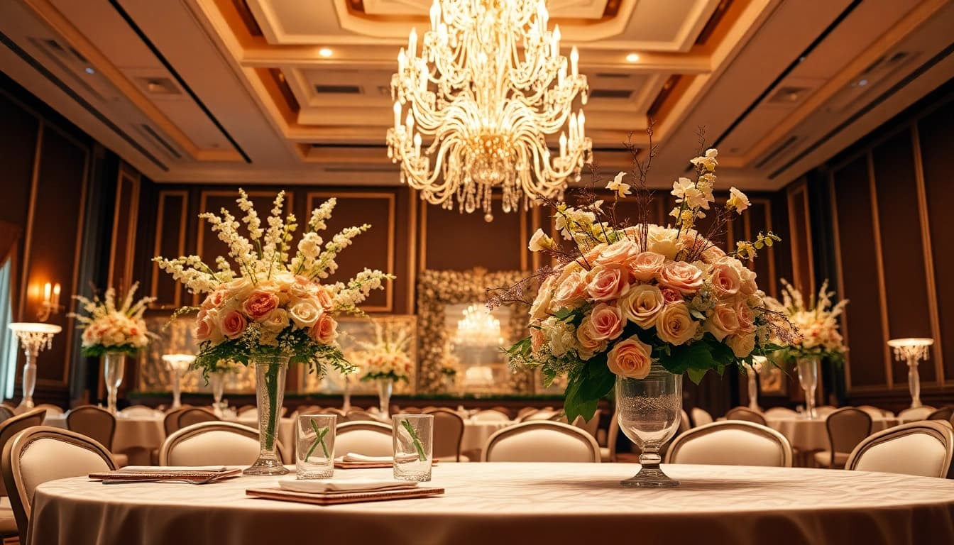 A beautiful wedding event space Jacksonville showcases lavish decorations and warm lighting.