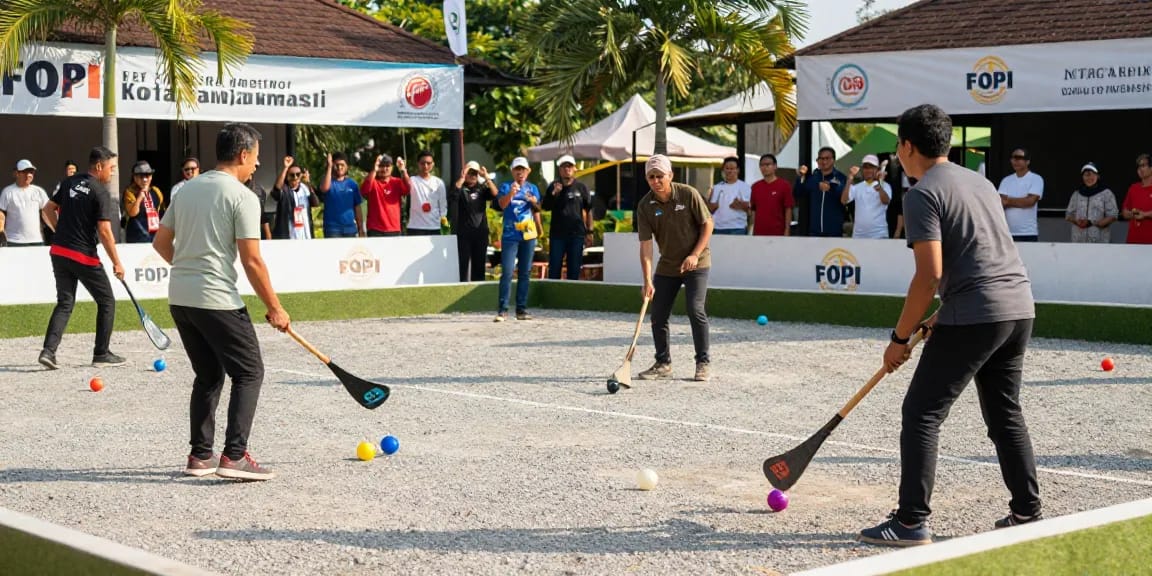 Aktivitas olahraga petanque di event komunitas oleh fopikotabanjarma.org dengan pemain beragam usia dan latar belakang.