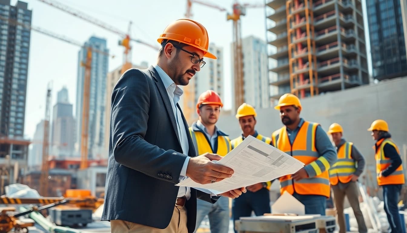 New York City General Contractor on a vibrant construction site, engaging with plans and overseeing a skilled team.