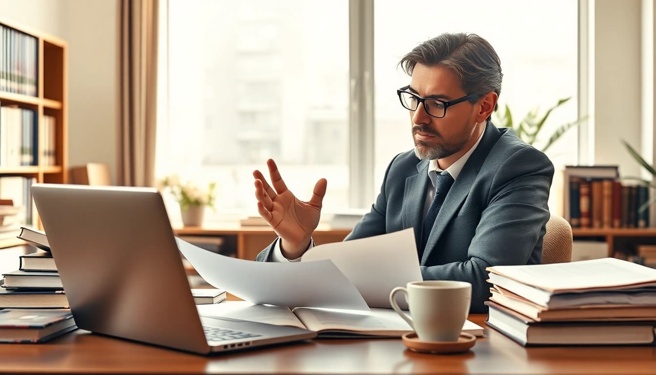 Intellectual property lawyer consulting a client in a professional office environment.