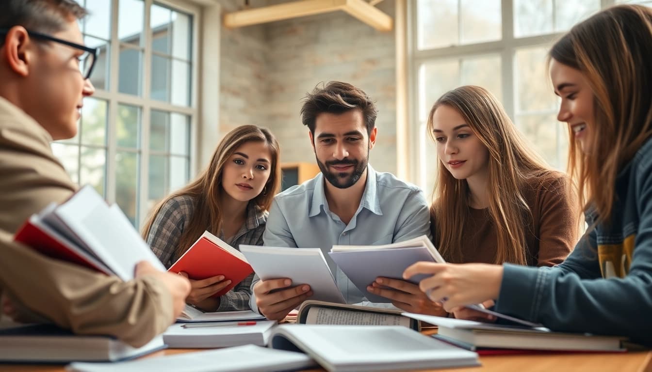 Engaged toefl test takers for hire studying together in a bright, collaborative environment.