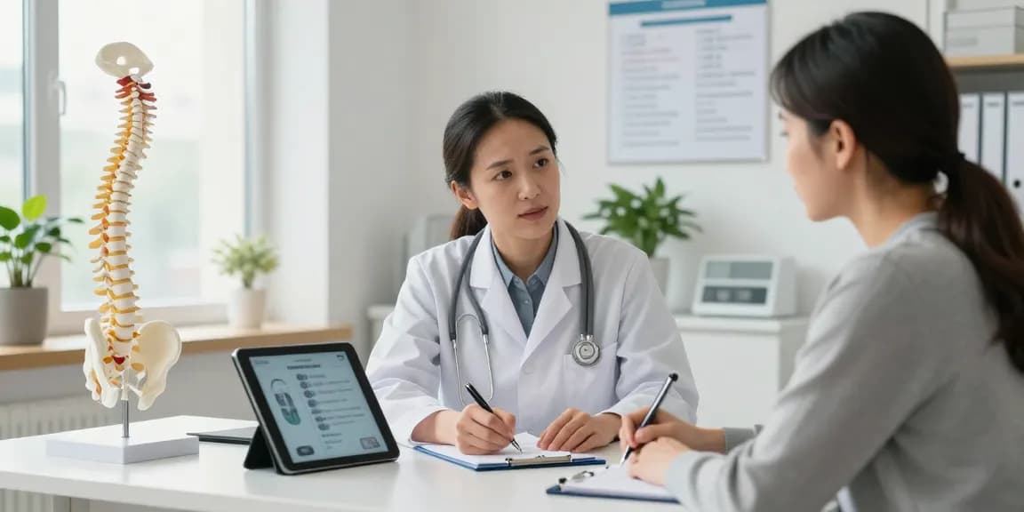 Engaging consultation about bel kayması ameliyatı between a surgeon and patient in a modern clinic.