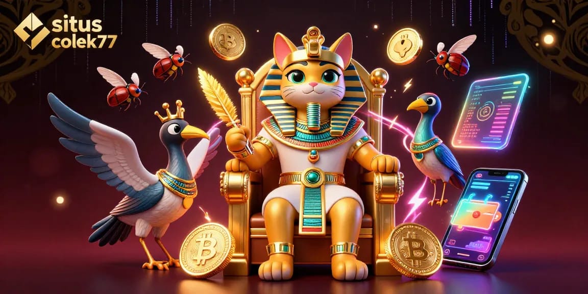 Engage with situs colek77's vibrant online casino experience featuring animated characters and crypto elements.