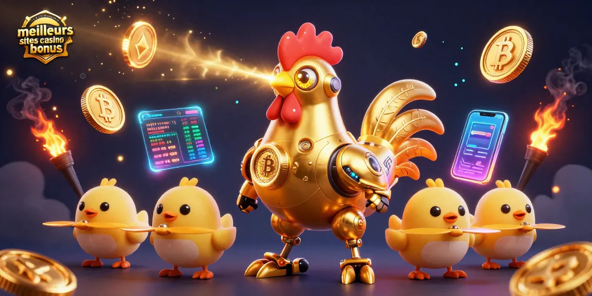 Illustration dynamique des meilleurs sites casino bonus avec un robot coq doré et des pièces de crypto-monnaie.