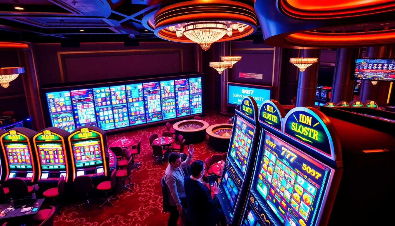 Experience the excitement of idn slot 777 with players at vibrant slot machines in a luxurious casino.
