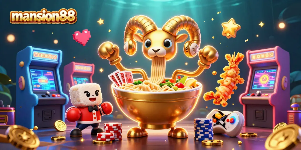 Join the fun at mansion88 with vibrant gaming elements like cards and neon coins in a lively casino scene.