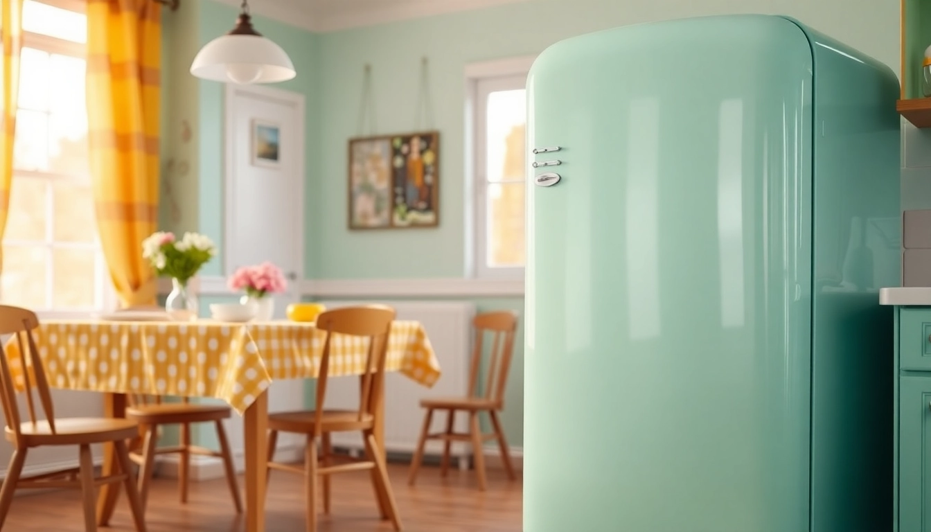 Bright mint green retro appliance in a cozy vintage kitchen setting.