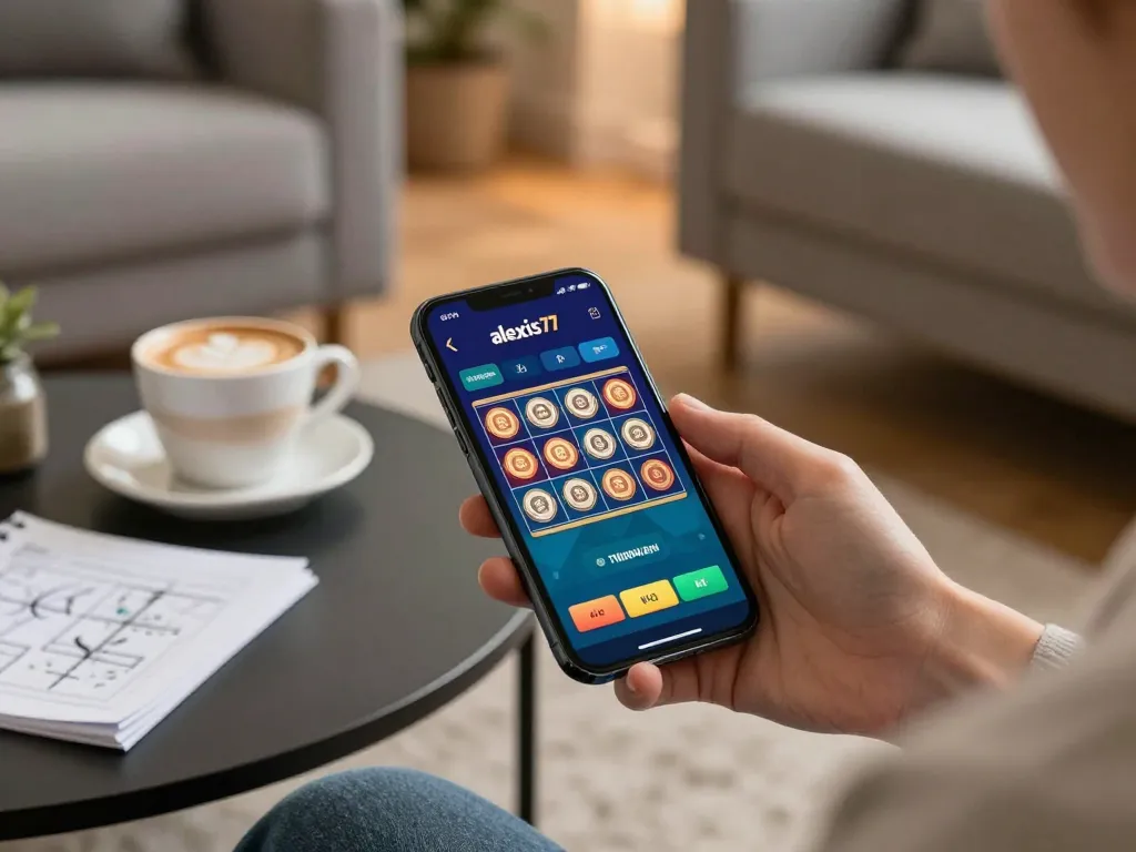 Experience the thrill of alexis77 slot on a smartphone in a cozy home setting.