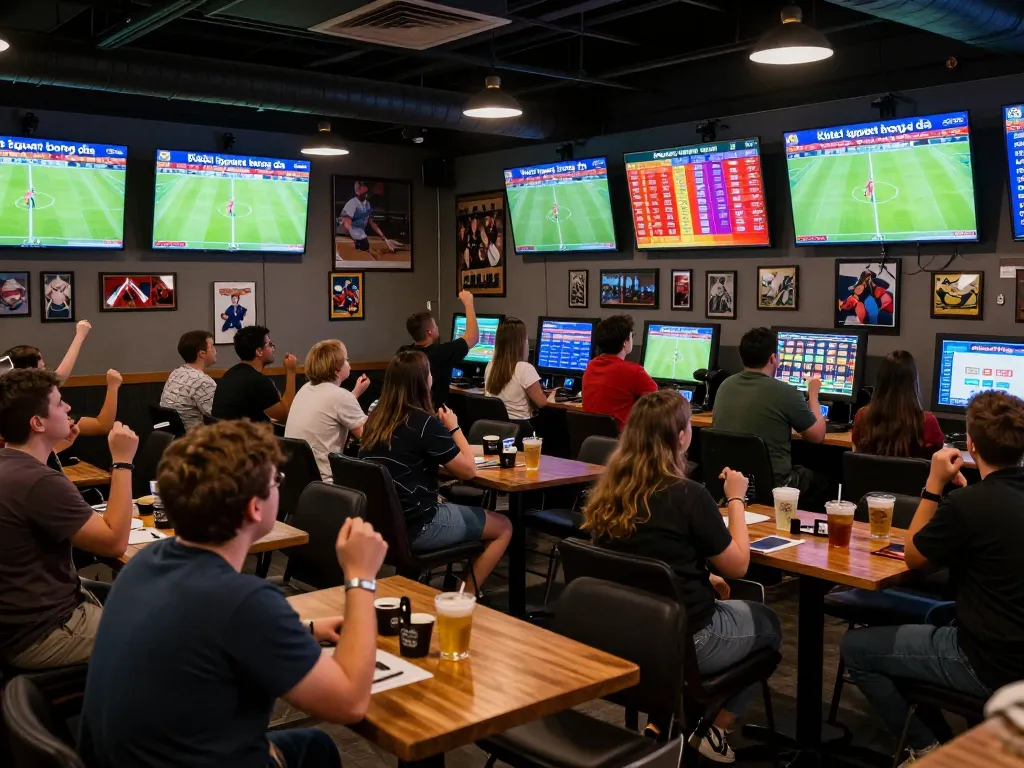 Kết quả bóng đá displayed on multiple screens in an energetic sports betting lounge