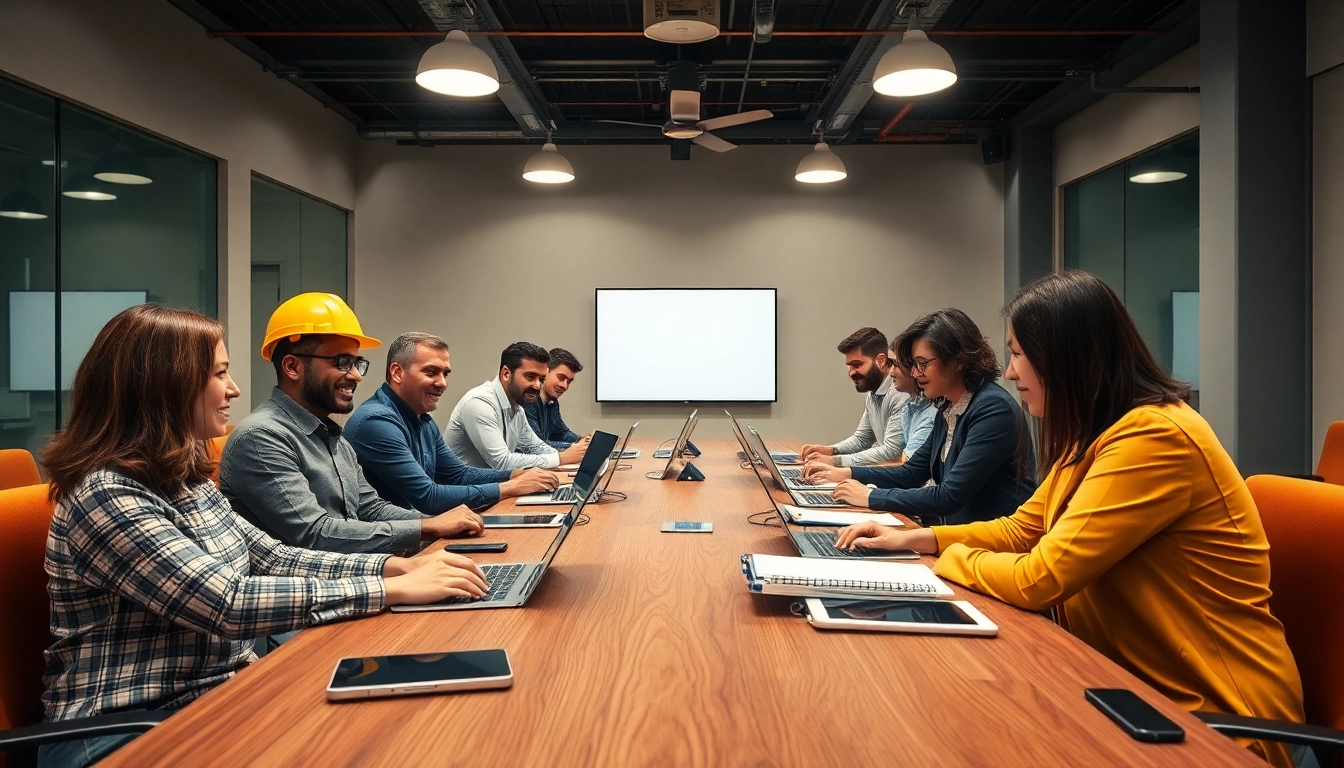 Collaboration in a construction member organization meeting, showcasing teamwork among industry professionals.