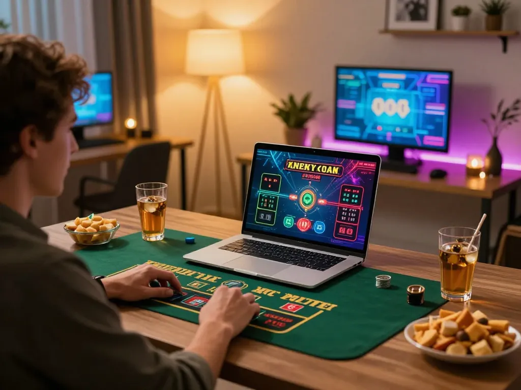Player enjoying an immersive live dealer game at 8kbetbh online casino setup, highlighting modern gaming.